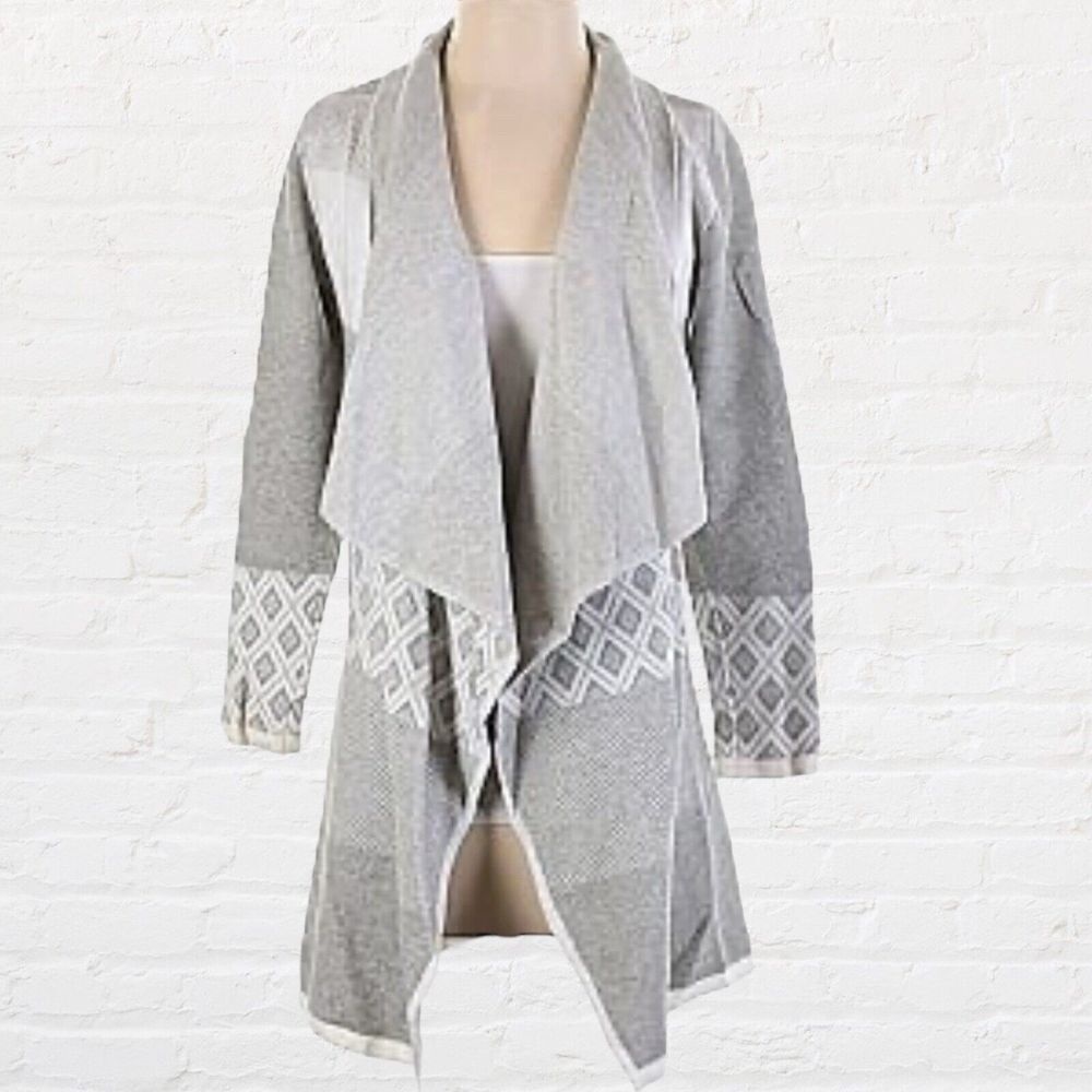 Evolution By Cyrus Chiana Graphic Drape Cardigan Open Front Gray Ivory Small